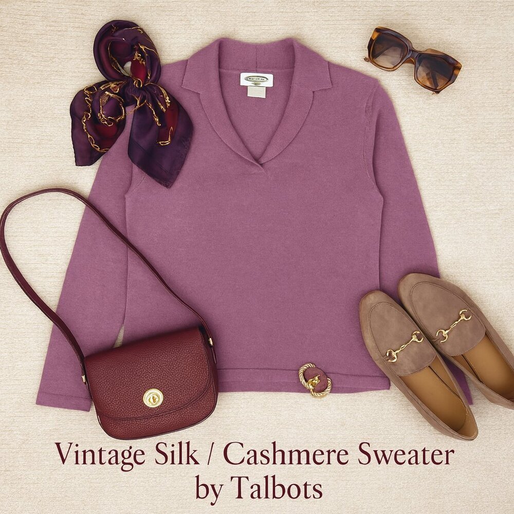 Talbots Silk Cashmere Blend Vintage Sweater Purple Collared V-Neck Size XSP